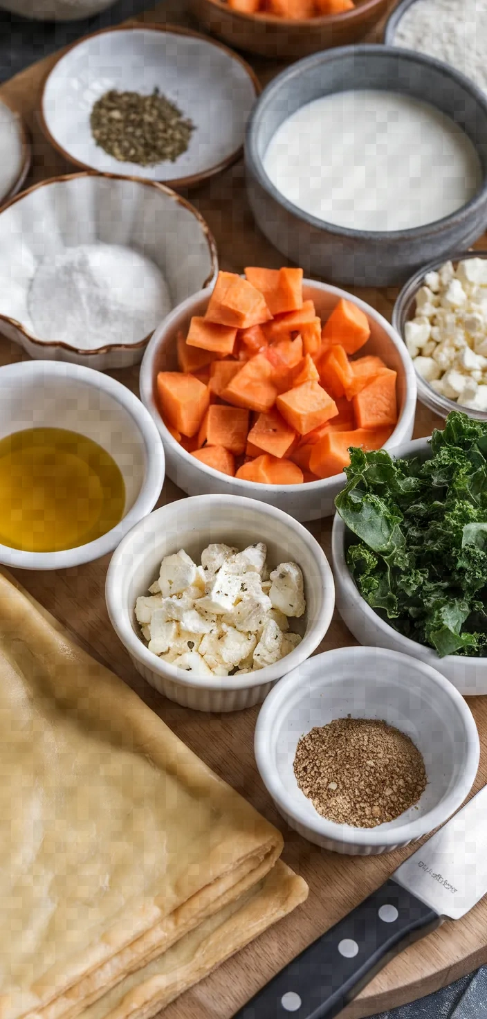 Ingredients photo for Kale Feta And Sweet Potato Pie Recipe