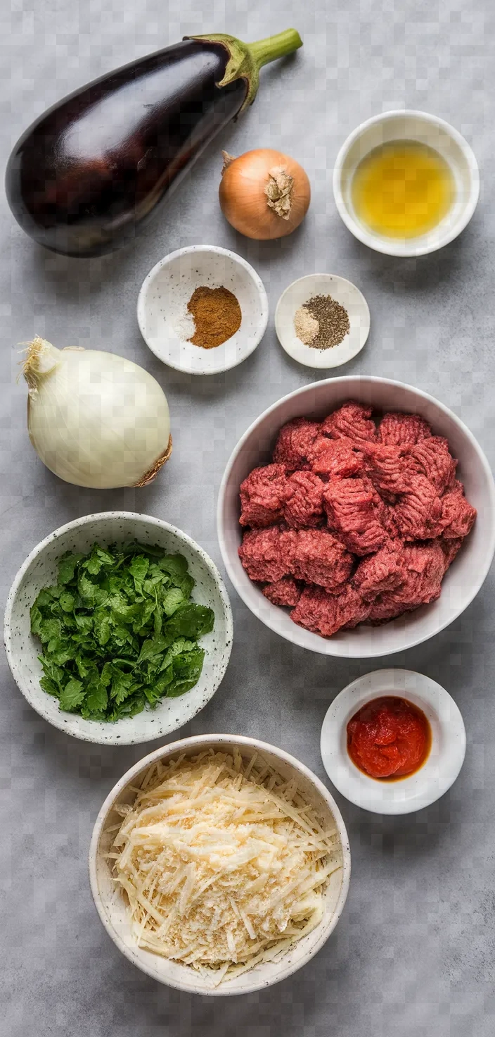 Ingredients photo for Papoutsakia Stuffed Eggplants Recipe