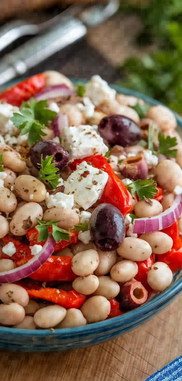 Ingredients photo for Giant Bean Salad Roasted Red Peppers Olives Feta Herbs And Extra Virgin Greek Olive Oil Recipe