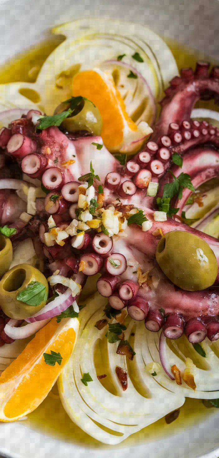 Ingredients photo for Octopus Cooked With Fennel Orange And Green Olives Recipe