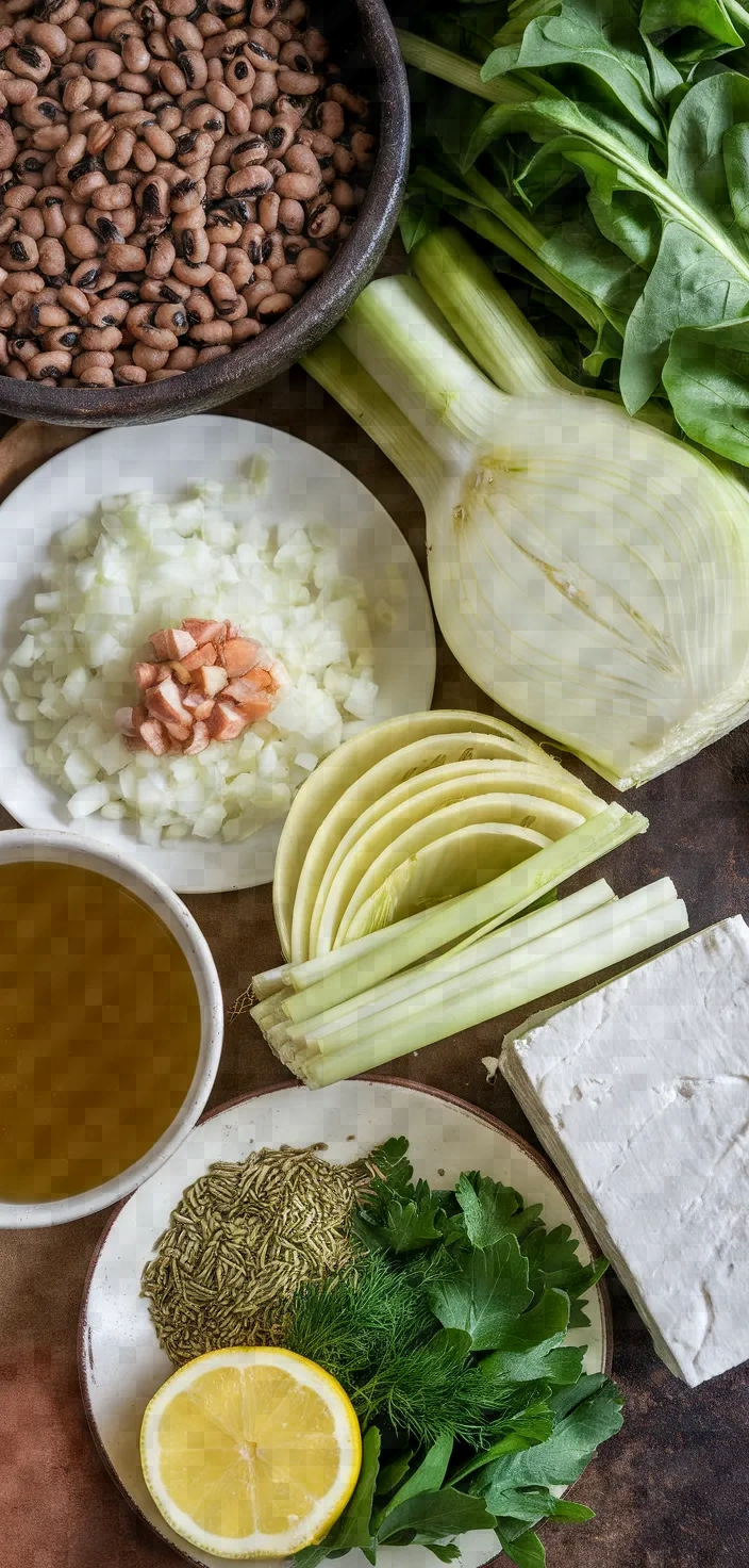 Ingredients photo for Black Eyed Peas With Greens And Fennel Mavromatika Me Maratho Recipe