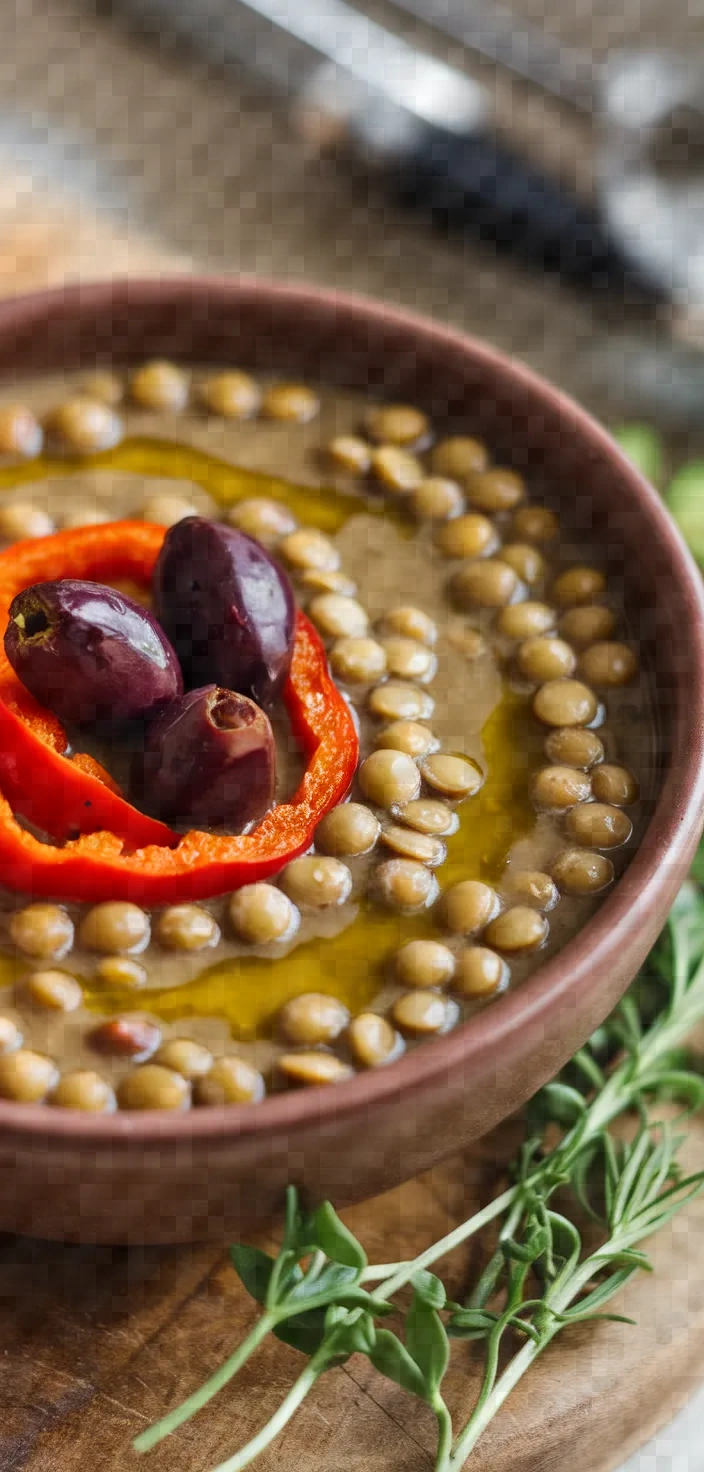 A photo of Lentil Soup With Kalamata Olive Paste Roasted Red Peppers And Olive Oil Fakes Me Pate Elias Kai Piperies Florinis Recipe