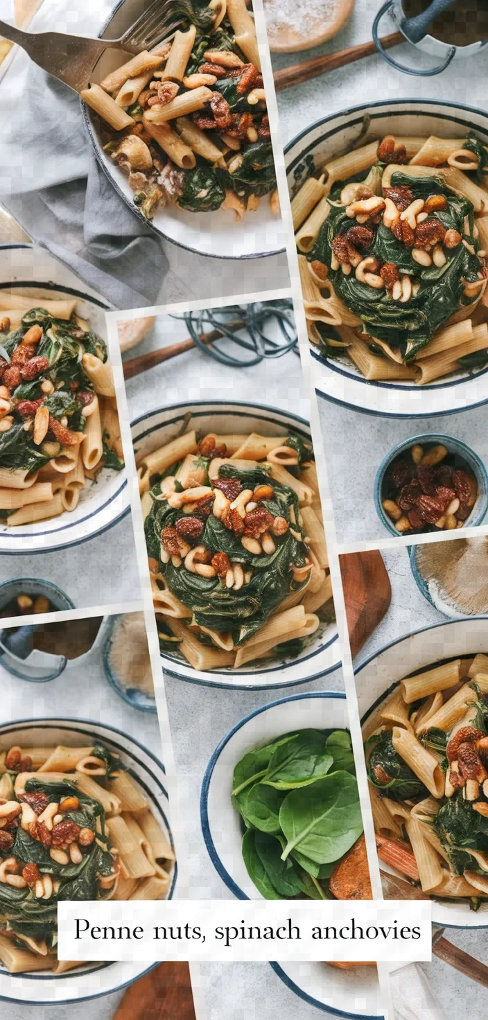 A photo of Penne With Pine Nuts Spinach Anchovies Raisins 2 Recipe