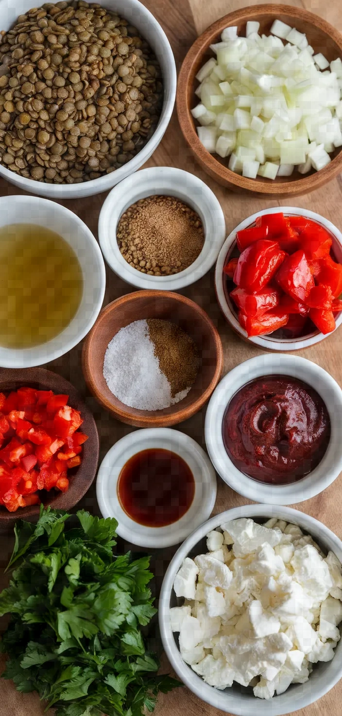 Ingredients photo for Lentil Soup With Kalamata Olive Paste Roasted Red Peppers And Olive Oil Fakes Me Pate Elias Kai Piperies Florinis Recipe
