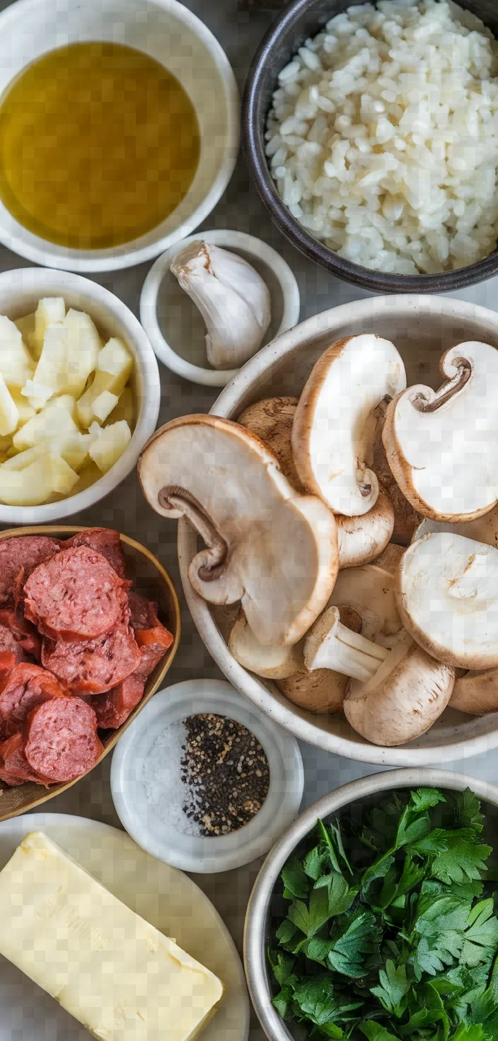 Ingredients photo for Mushrooms And Sausage Risotto Recipe