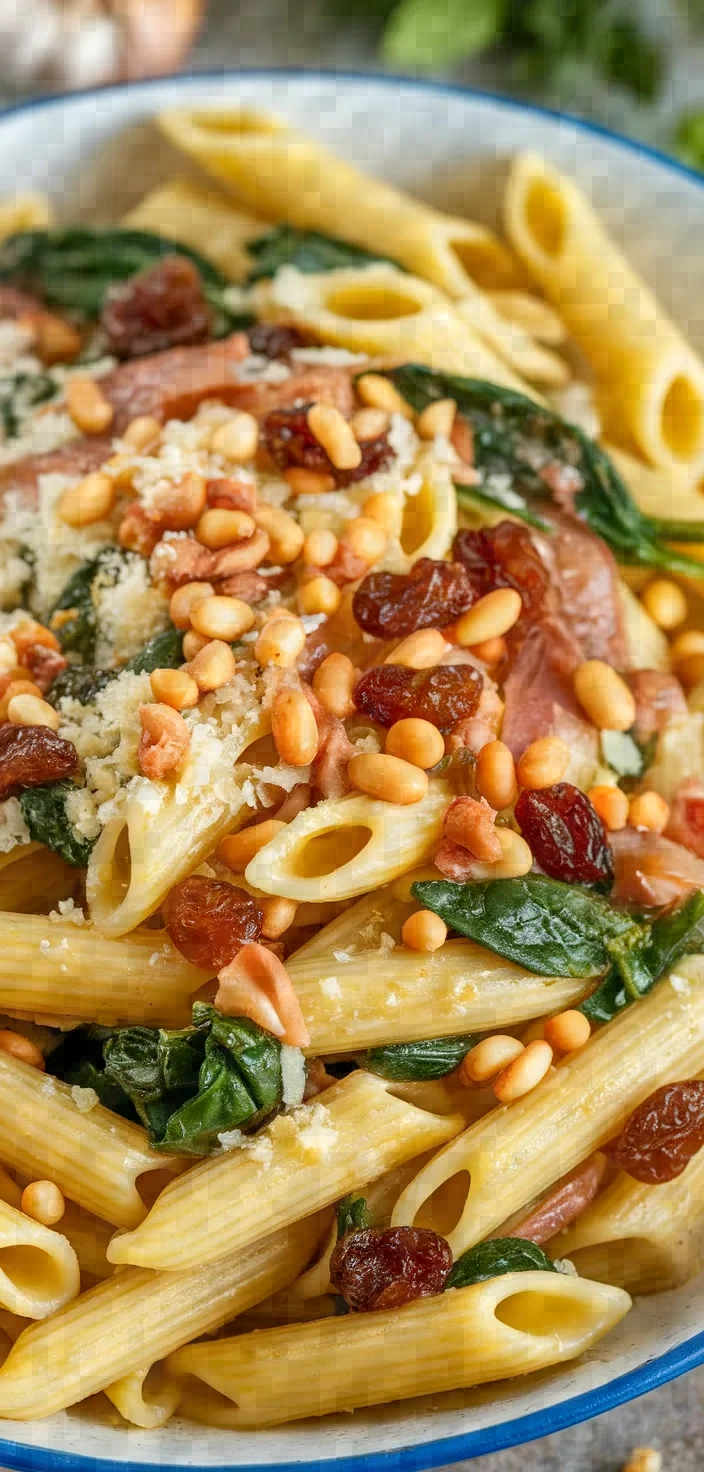 Ingredients photo for Penne With Pine Nuts Spinach Anchovies Raisins 2 Recipe