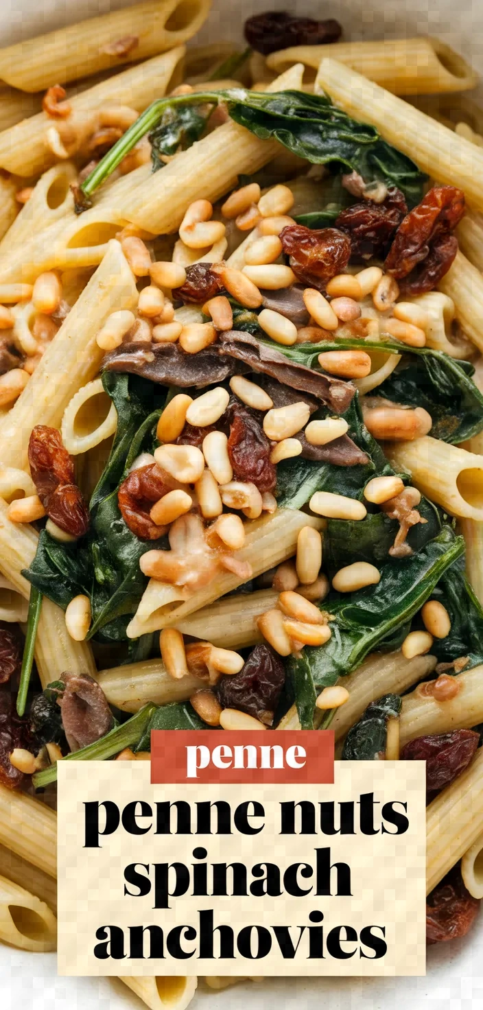 Penne With Pine Nuts Spinach Anchovies Raisins 2 Recipe
