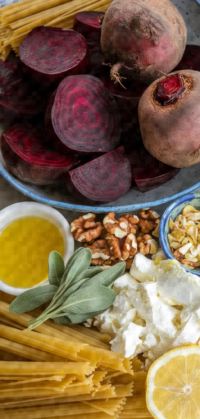 Ingredients photo for Smoked Beet Whole Wheat Pasta Walnuts Sage Whipped Feta Recipe