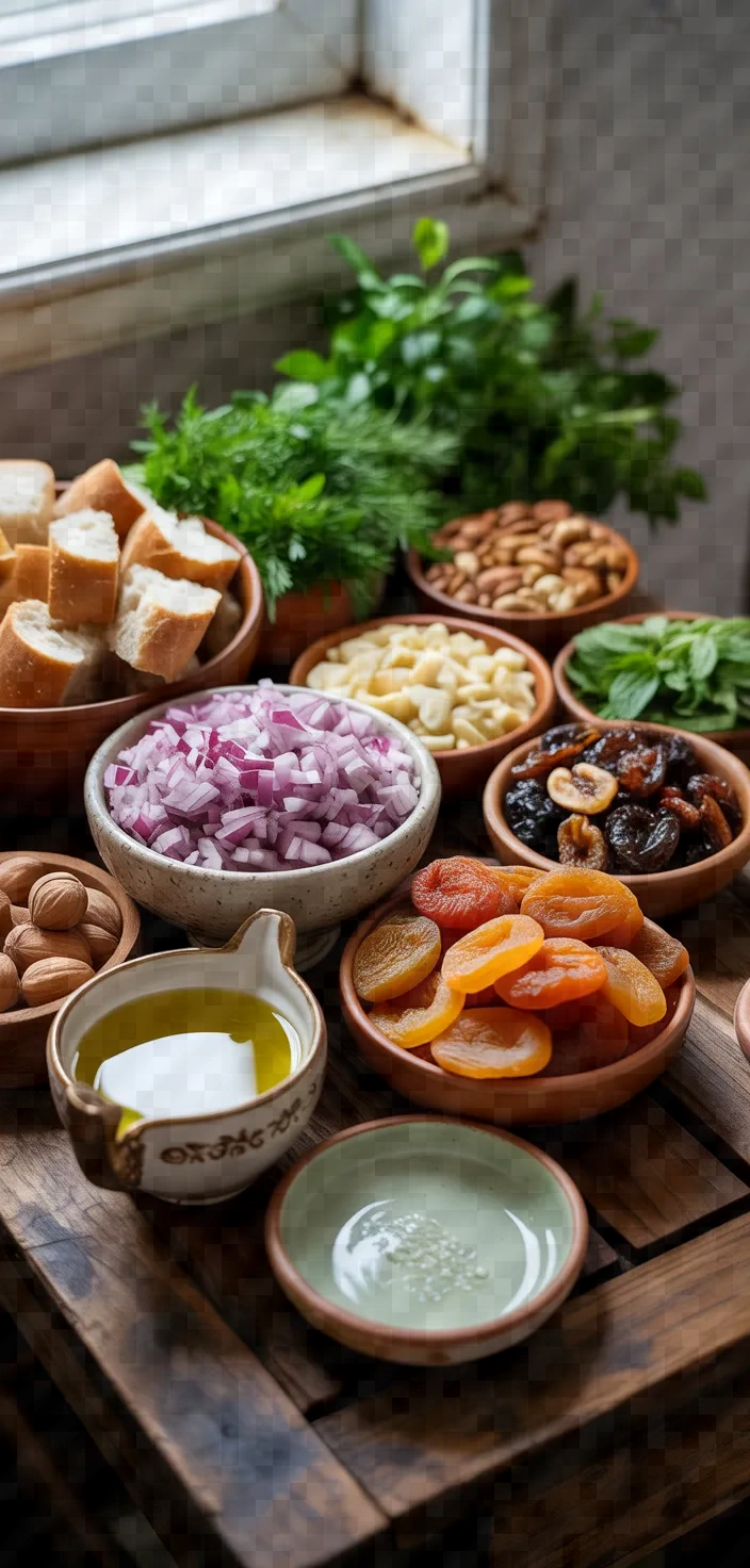 Ingredients photo for Bread Stuffing With Dried Fruits Nuts Herbs Greek Olive Oil Ouzo Recipe
