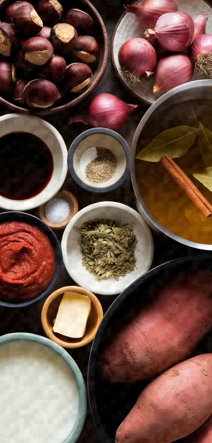 Ingredients photo for Chestnut Shallot Stifado Over Sweet Potato Puree Recipe