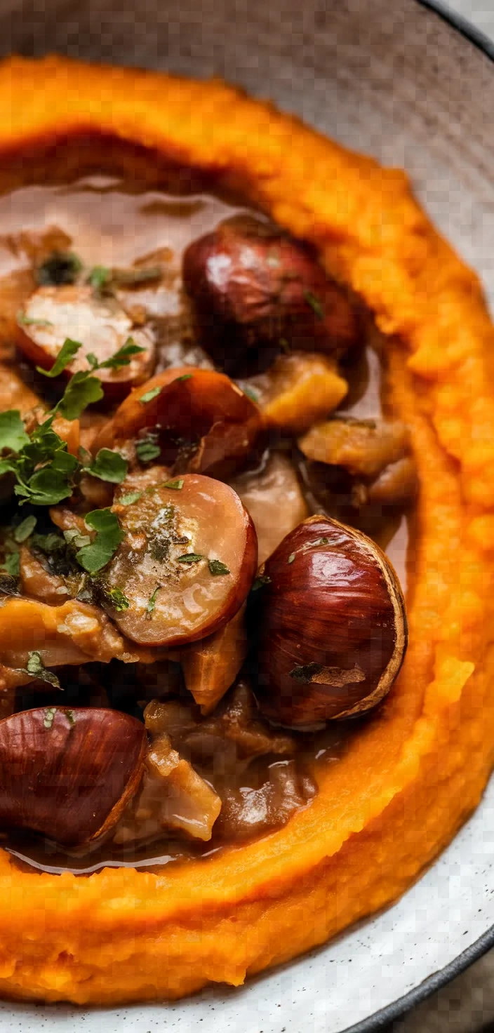 Photo of Chestnut Shallot Stifado Over Sweet Potato Puree Recipe