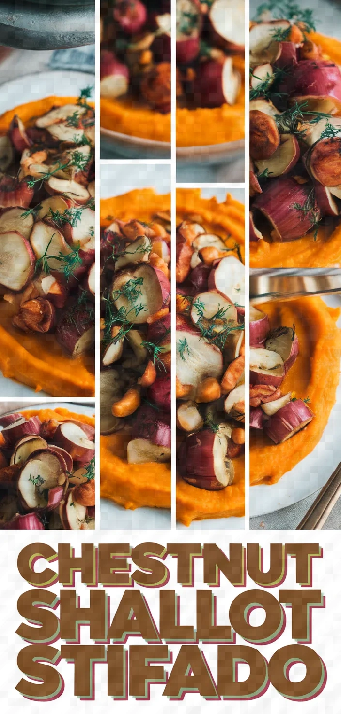A photo of Chestnut Shallot Stifado Over Sweet Potato Puree Recipe