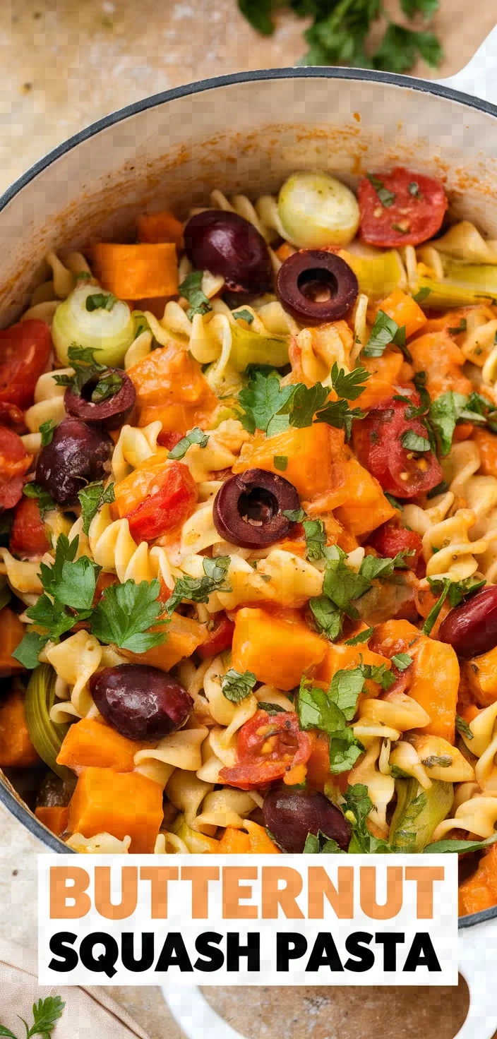 A photo of Pasta With Butternut Squash Olives Tomatoes And Leeks Recipe