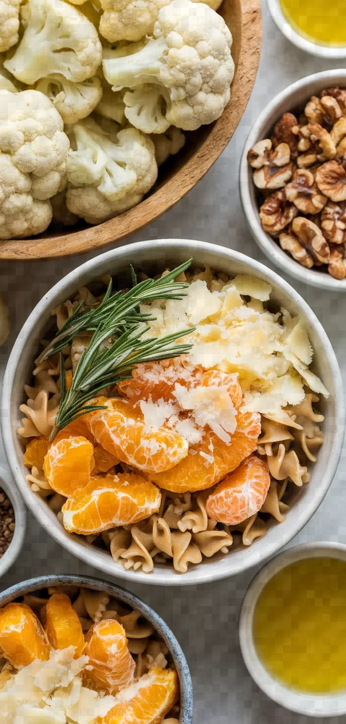 Ingredients photo for Whole Wheat Pasta With Sauteed Cauliflower Oranges Walnuts And Rosemary Recipe