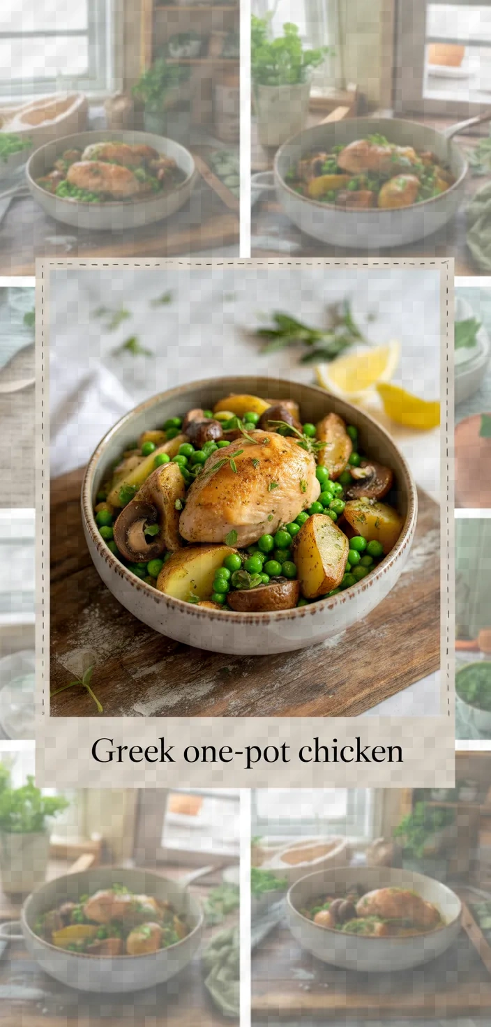 A photo of One Pot Greek Lemon Chicken With Potatoes Mushrooms Peas Recipe