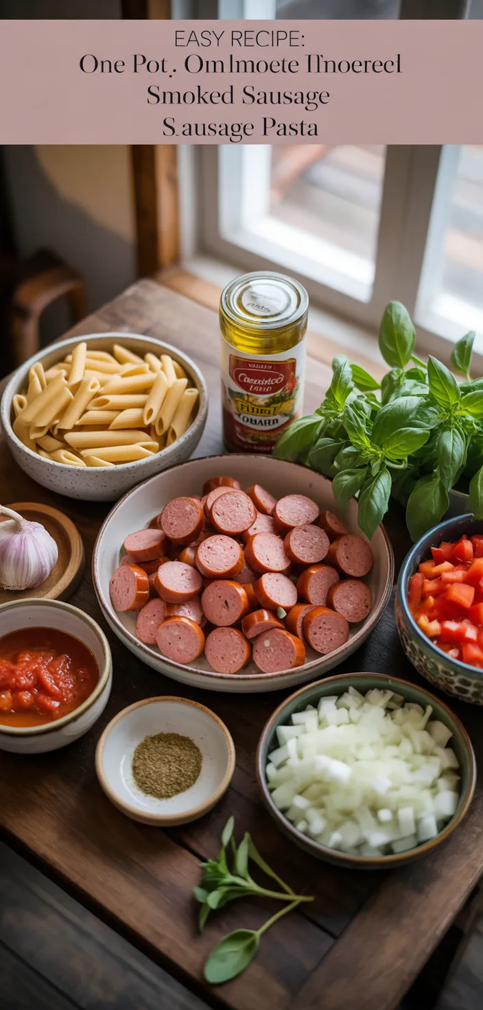 Ingredients photo for Easy Recipe:  One Pot Smoked Sausage Pasta