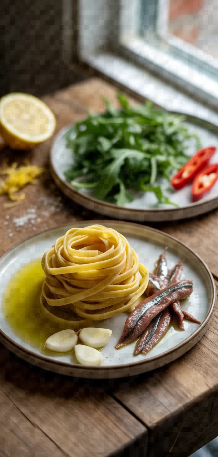 Ingredients photo for Linguine With Wilted Arugula Anchovies And Chilli Peppers Recipe