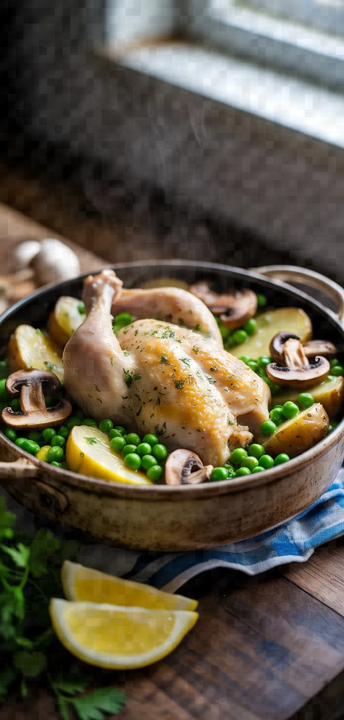 Photo of One Pot Greek Lemon Chicken With Potatoes Mushrooms Peas Recipe