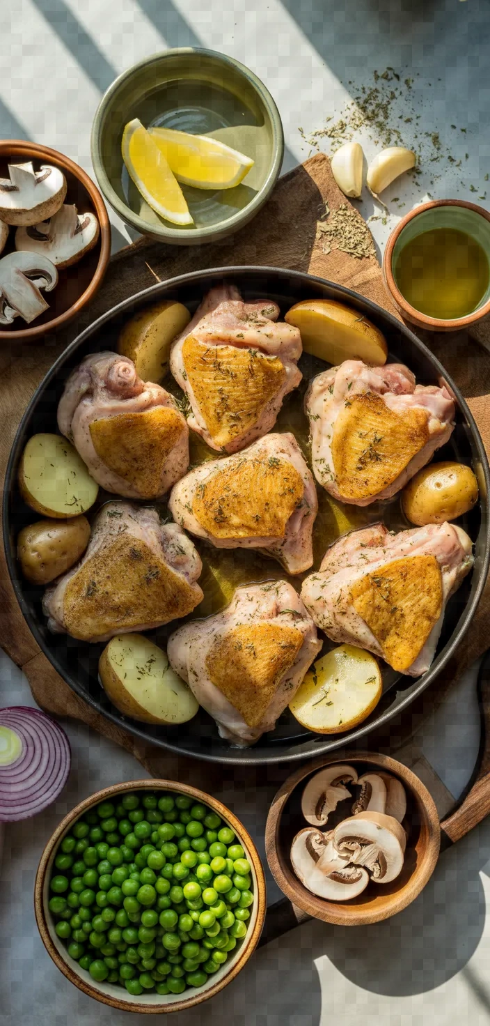 Ingredients photo for One Pot Greek Lemon Chicken With Potatoes Mushrooms Peas Recipe