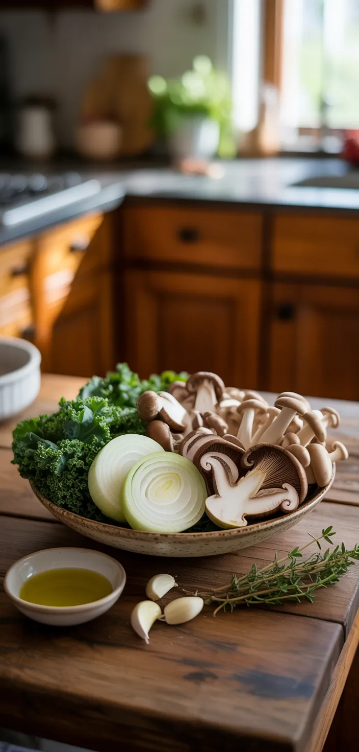 Ingredients photo for Wild Mushroom, Caramelized Onion And Kale Soup Recipe
