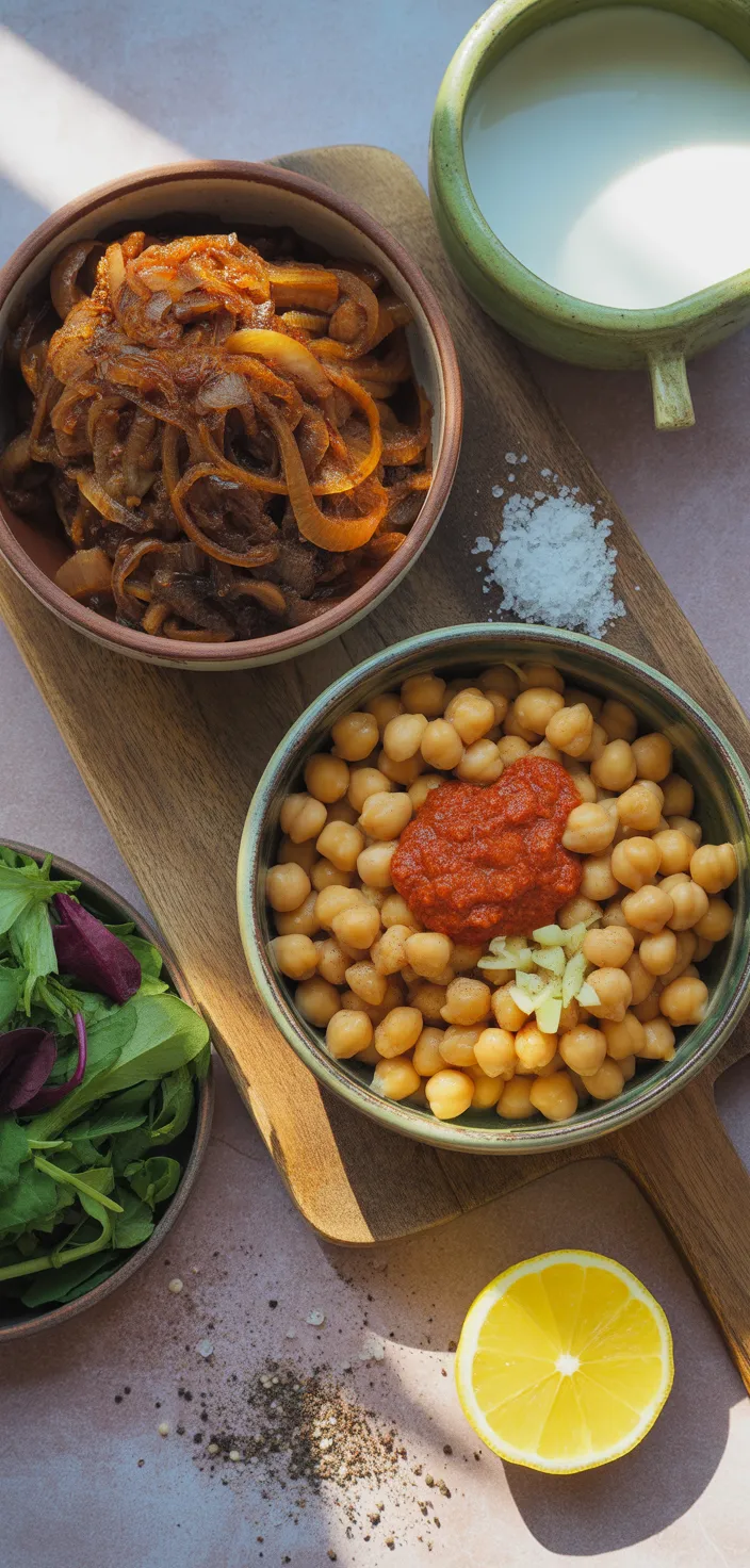Ingredients photo for Harissa Chickpeas With Caramelized Onions And Greens Recipe