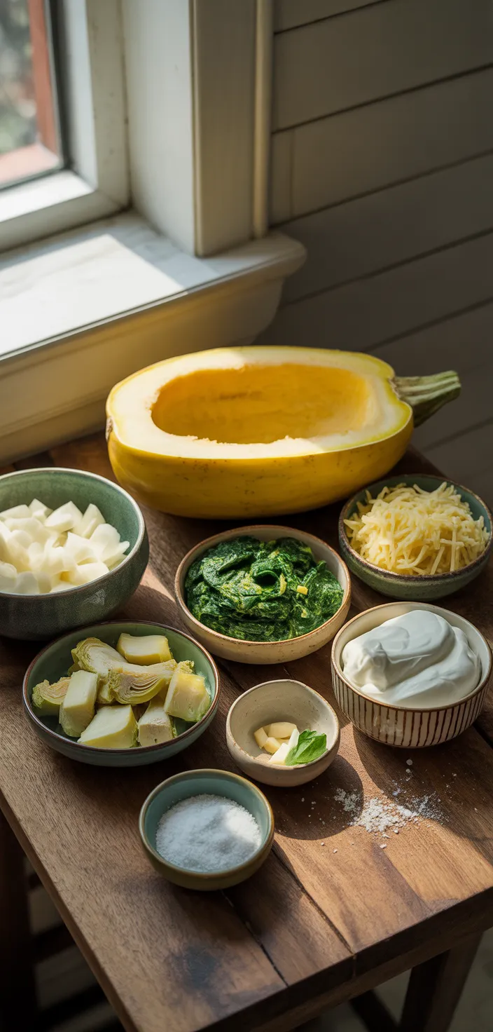 Ingredients photo for SPINACH AND ARTICHOKE STUFFED SPAGHETTI SQUASH Recipe