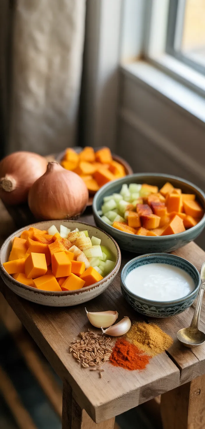 Ingredients photo for Spicy Butternut Squash Sweet Potato Soup Recipe