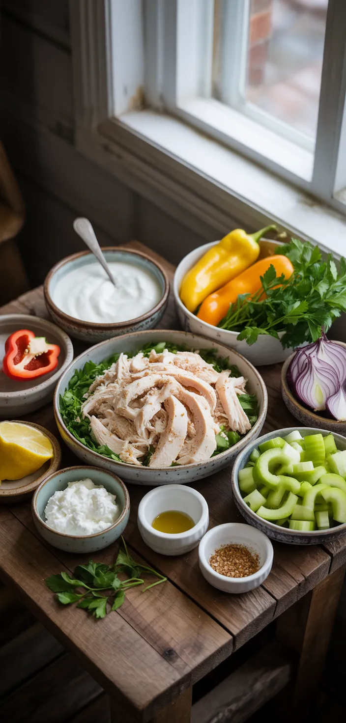 Ingredients photo for High Protein Cottage Cheese Chicken Salad With Banana Peppers Recipe