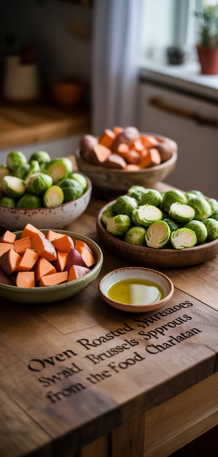 Ingredients photo for Oven Roasted Sweet Potatoes And Brussels Sprouts From The Food Charlatan Recipe