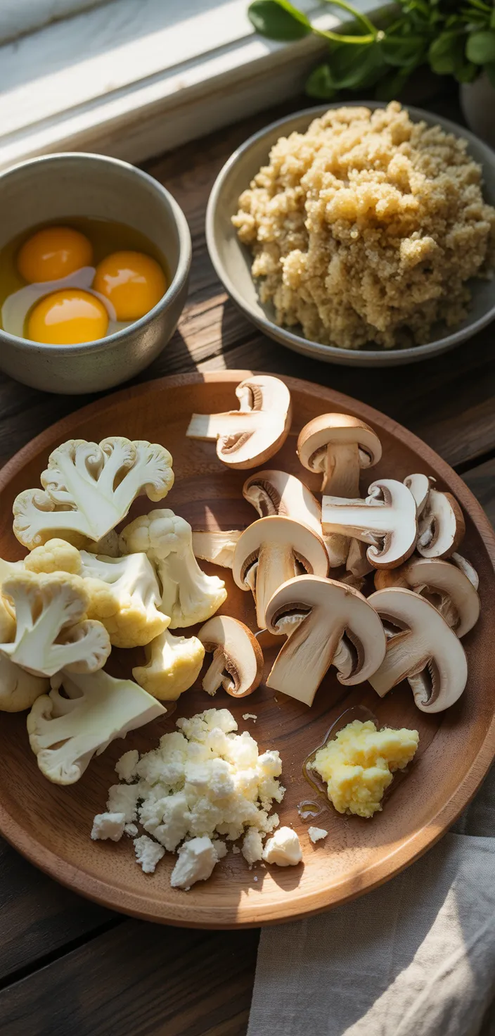 Ingredients photo for Roasted Cauliflower, Mushroom And Goat Cheese Quiche With Quinoa Crust Recipe
