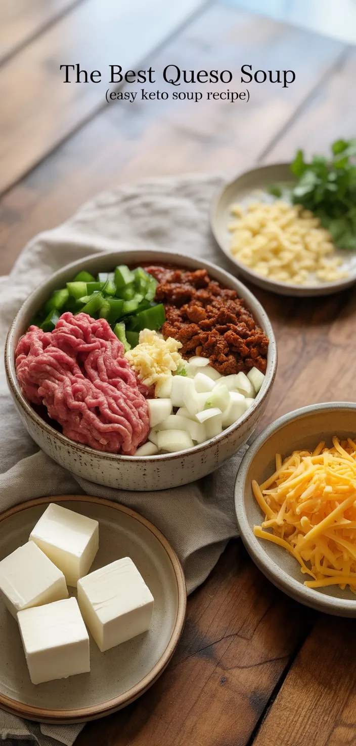 Ingredients photo for The BEST Queso Soup (easy Keto Soup Recipe)