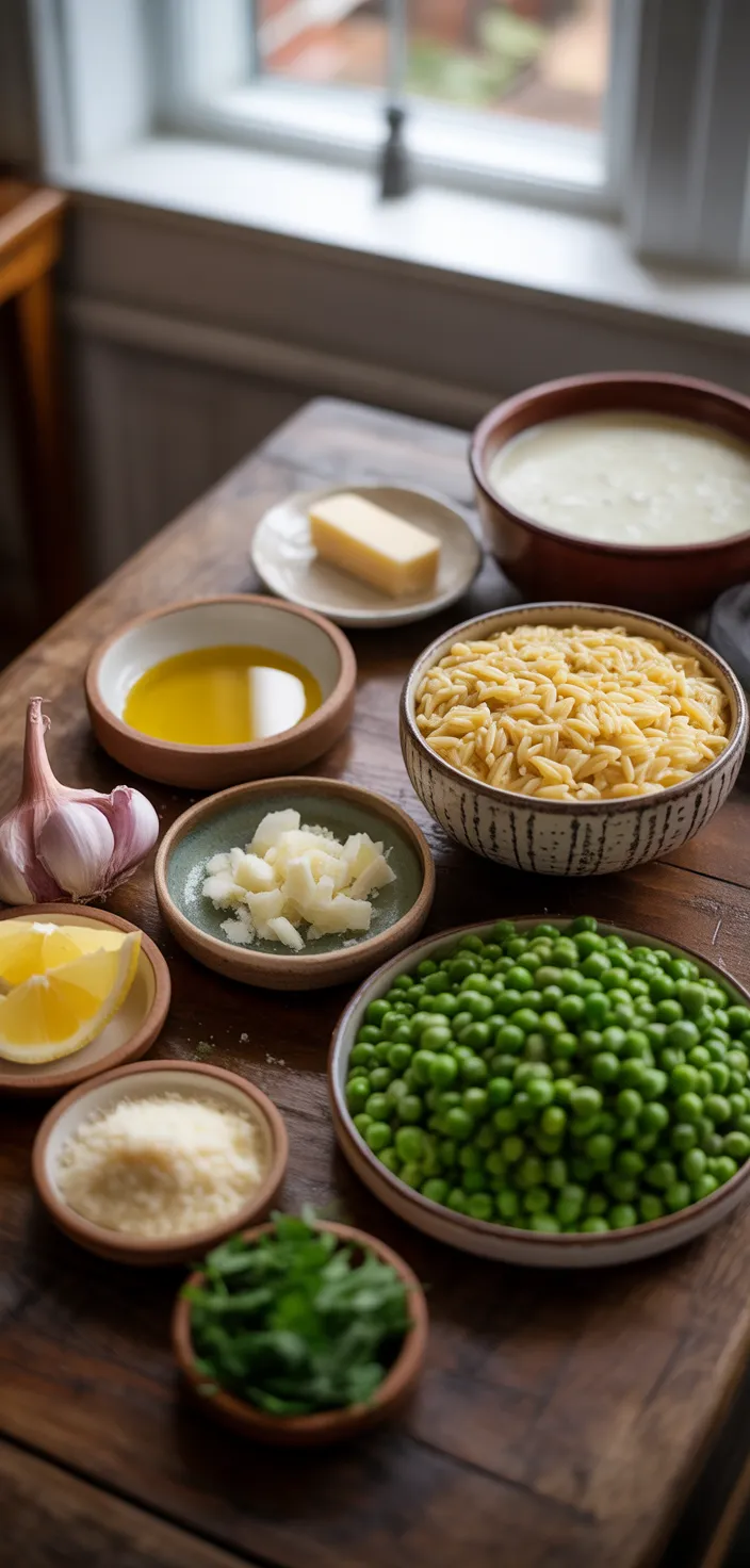Ingredients photo for Creamy Orzo With Peas And Parmesan Cheese Recipe
