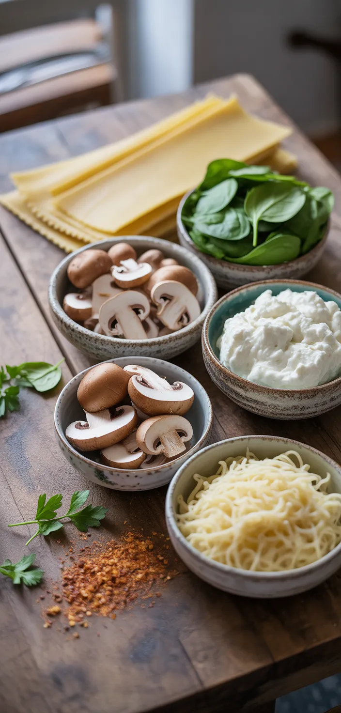 Ingredients photo for Creamy Spinach Mushroom Lasagna Recipe