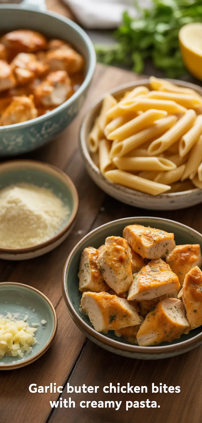 Ingredients photo for Garlic Butter Chicken Bites With Creamy Pasta Recipe