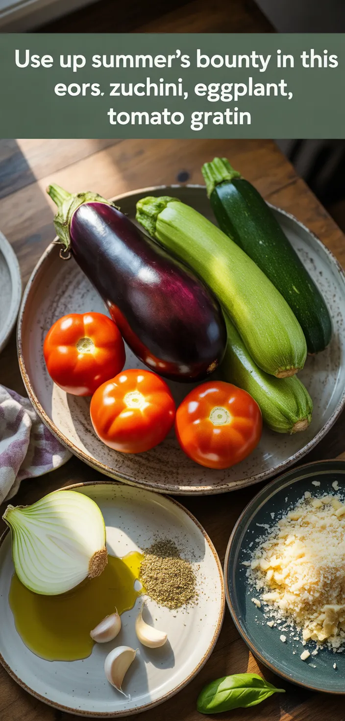 Ingredients photo for Use Up Summer's Bounty In This Colorful, Zucchini, Eggplant, Tomato Gratin Recipe