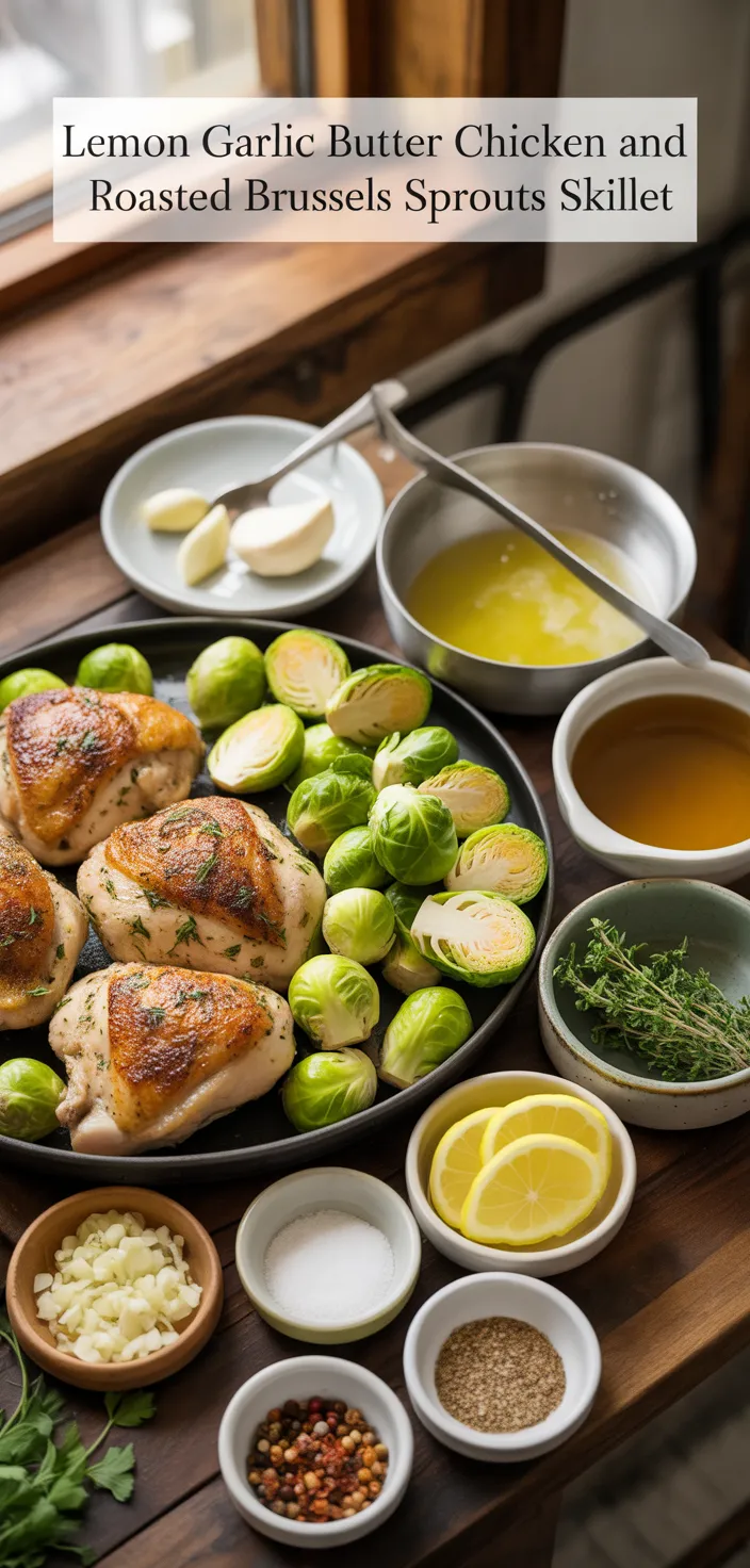 Ingredients photo for Autumn Dinner: Lemon Garlic Butter Chicken And Roasted Brussels Sprouts Skillet Recipe