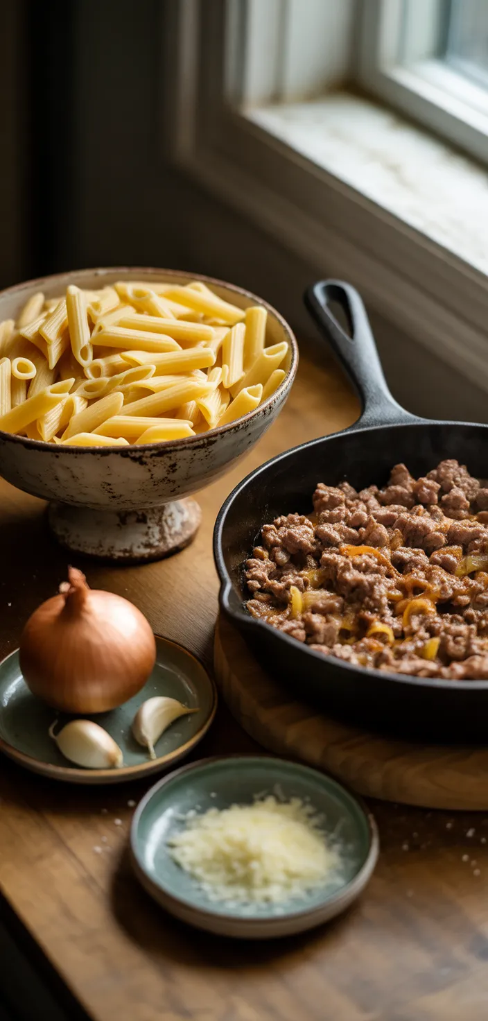 Ingredients photo for Cheesy Penne With Garlic Butter Ground Beef Recipe