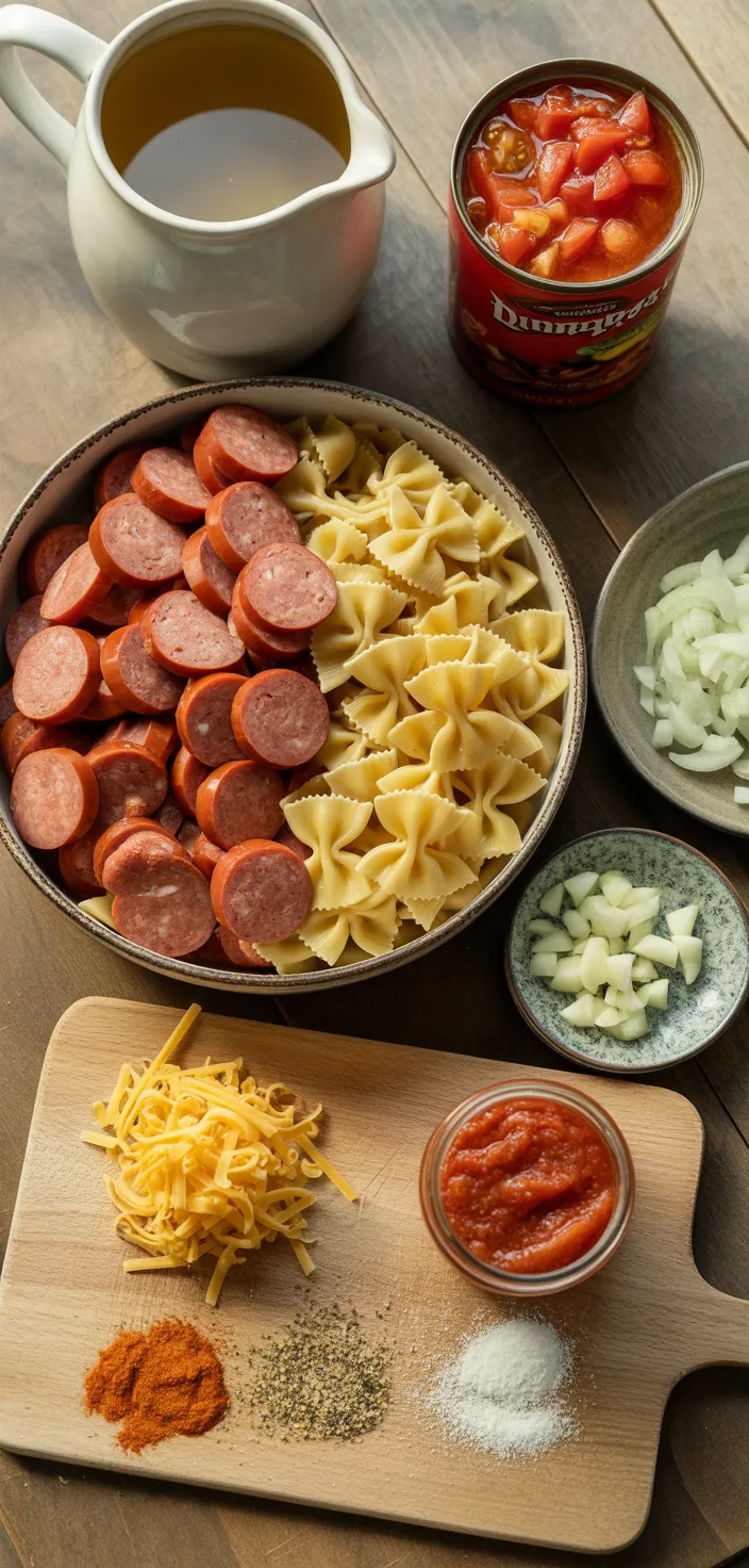 Ingredients photo for One Pot Smoked Sausage Pasta Recipe