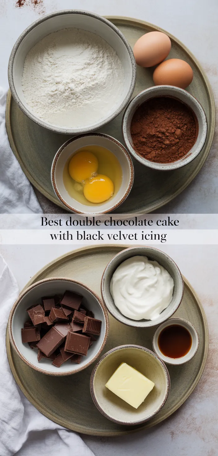 Ingredients photo for Best Double Chocolate Cake With Black Velvet Icing Recipe