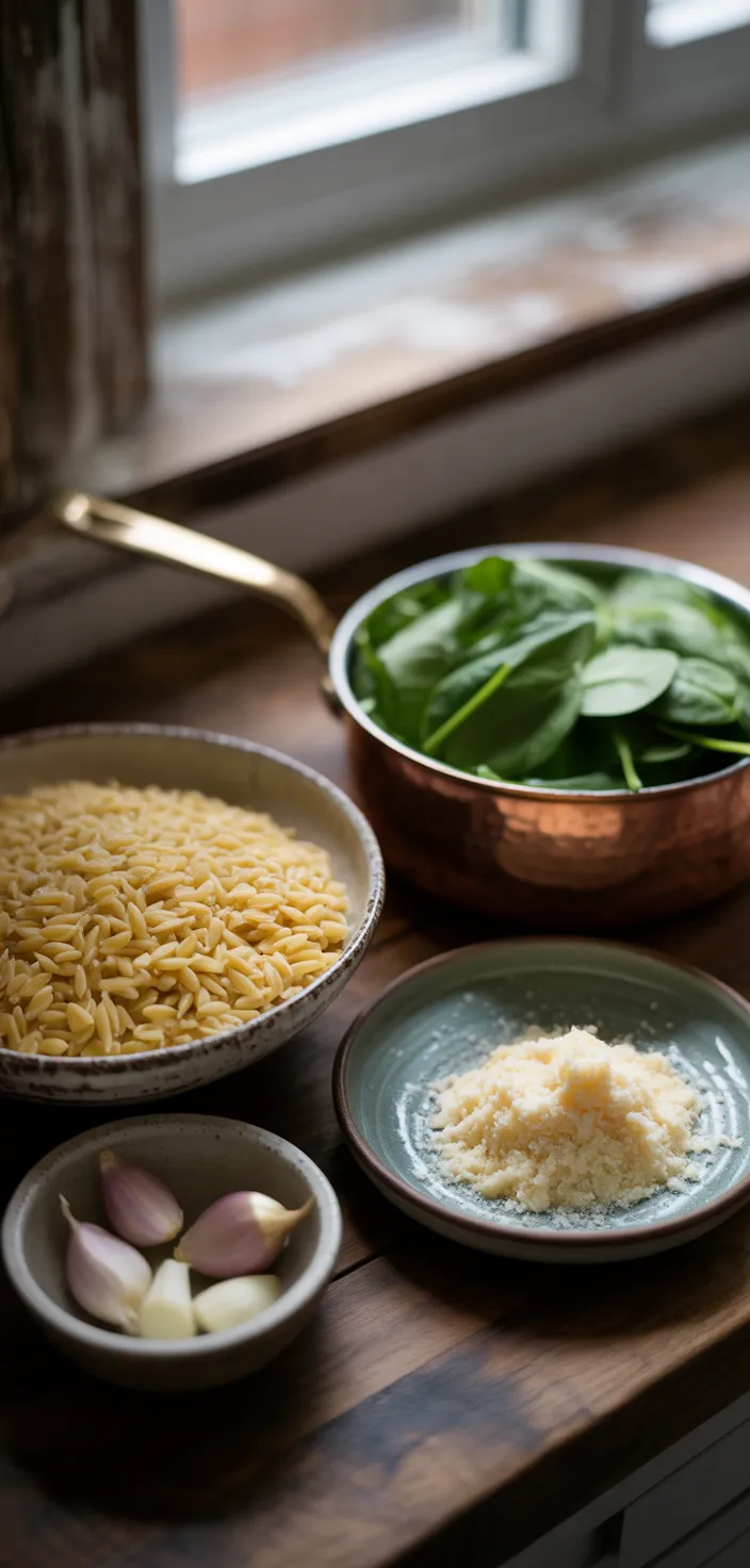 Ingredients photo for Creamy Garlic Spinach Orzo Recipe