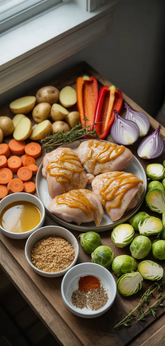 Ingredients photo for Honey Mustard Glazed Chicken With Roasted Vegetables Recipe