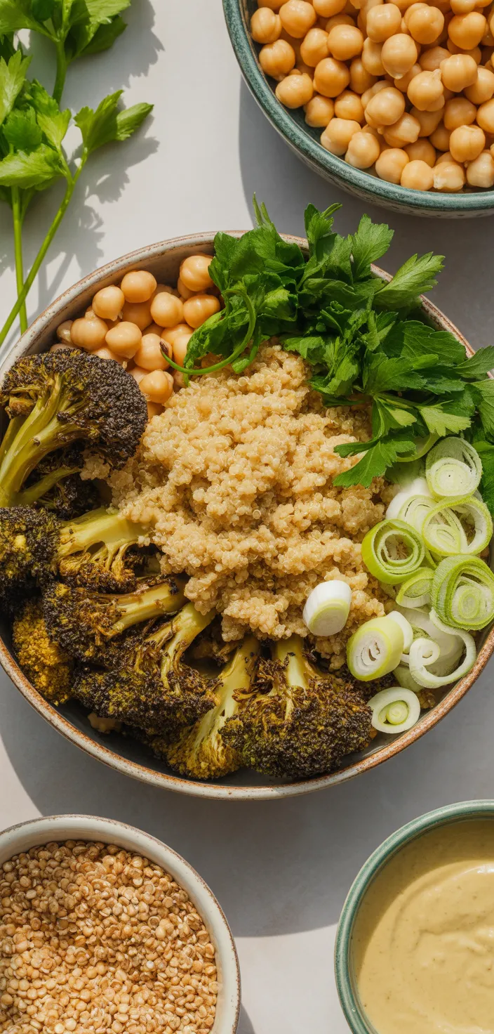 Ingredients photo for Crispy Quinoa Chickpea Bowls With Roasted Broccoli And Meyer Lemon Tahini Sauce Recipe