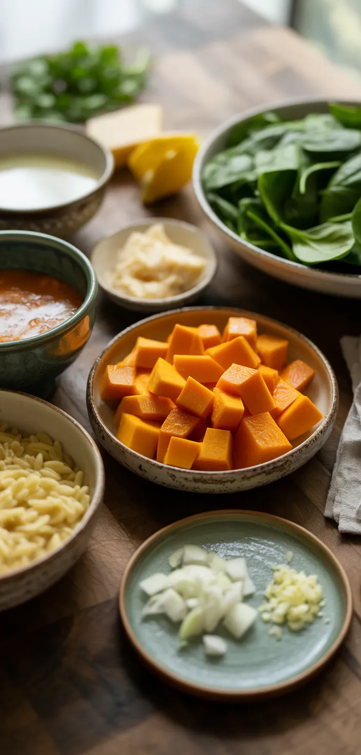 Ingredients photo for Creamy Orzo With Roasted Butternut Squash And Spinach Recipe