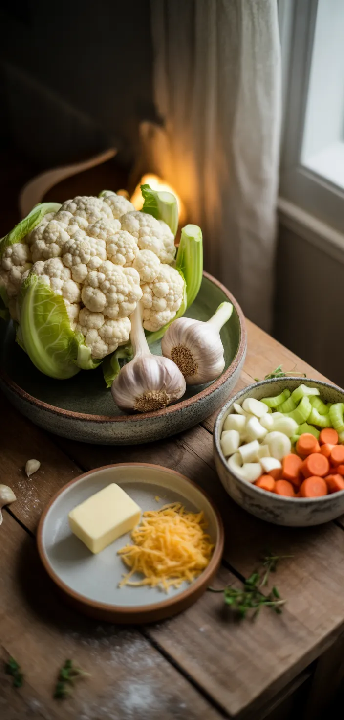 Ingredients photo for Roasted Garlic Cheddar Cauliflower Soup Recipe