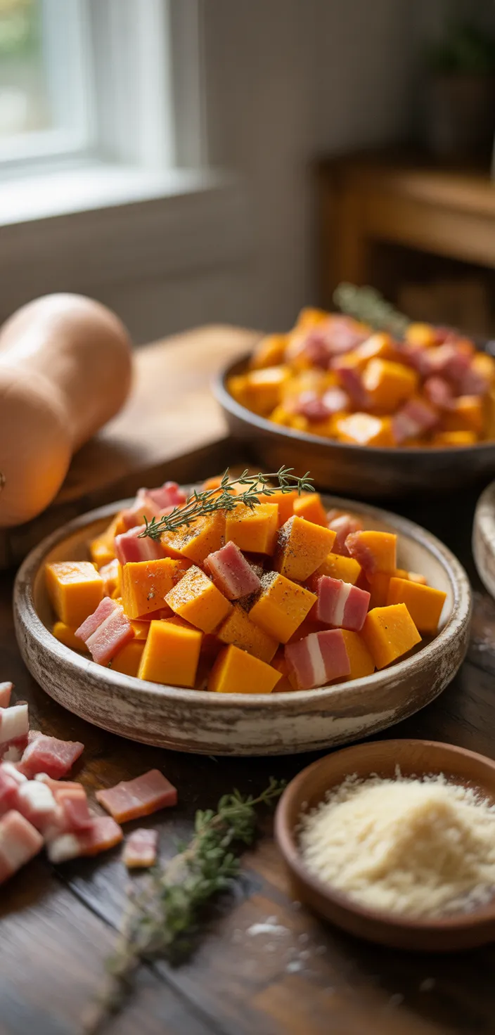 Ingredients photo for Roasted Butternut Squash And Bacon Pasta Recipe