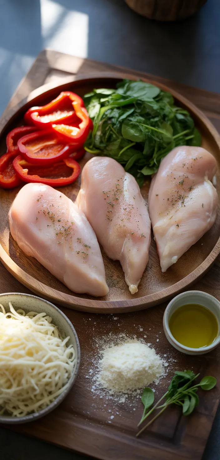 Ingredients photo for Savory Stuffed Chicken With Roasted Red Peppers, Spinach, And Mozzarella Recipe